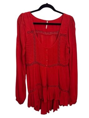 Free People Size X-Small Red Willow Glen Lace Tunic Top Boho Fairy Flowy Gypsy